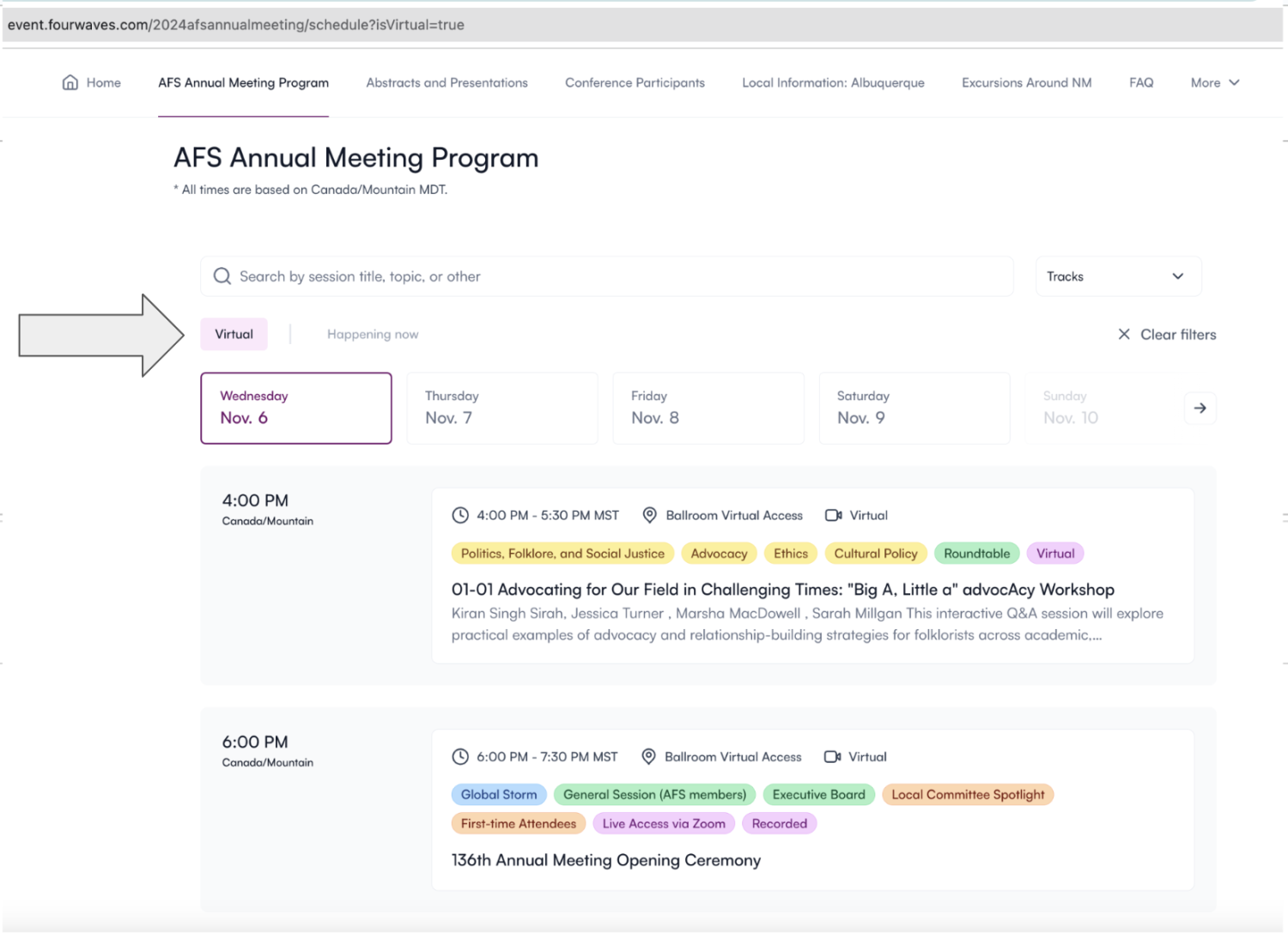 Screenshot of the annual meeting program with the "virtual" filter selected and an arrow pointing to it. 